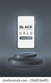 Vector illustration of mobile phone with black friday sale text. 3d realistic smartphone illustration hanging above podium. 