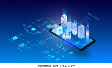 Vector Illustration Of A Mobile Phone With Buildings And Elements Of A Smart City. Futuristic Science Web Network Concept, Communications, High Technology. EPS 10