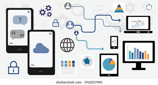 vector illustration of mobile phone and charts for statistics and user reports for analytical systems visuals