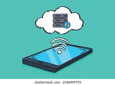 Ilustración vectorial del teléfono móvil con una conexión a un servidor en la nube. Dibujar ilustración de estilo.