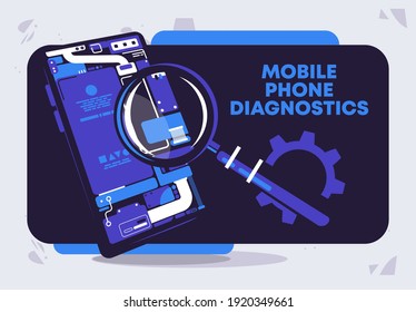 Vector illustration of Mobile phone diagnostics with magnifying glass, internal technical details of the mobile phone