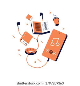 Vector illustration of mobile phone, earphones, text books, donut and cup of coffee flying in the middle air. Audio books concept, listening to mobile app metaphor. Line art, flat style.