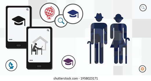 vector illustration of mobile phone education and senior people studying online
