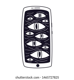 Vektorillustration mit Handy mit Augen. Big Data Concept Art, Spionage Technology Print Design. Schwarz-Weiß-Zeichnung