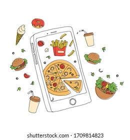 vector illustration of mobile phone with flying pizza, french fries, drink, salad, ice cream, burger on white background. Doodle line style concept of food delivery application. delivery services