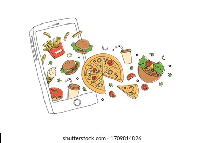 vector illustration of mobile phone with flying pizza, french fries, drink, salad, ice cream, burger on white background. Doodle line style concept of food delivery application. delivery services