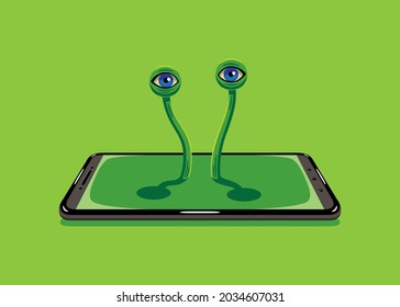 Vector illustration of a mobile phone, in green tones, from the screen of which emerges two eyes of an alien.