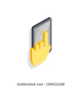 vector illustration, mobile phone with hand pointing index finger in isometric