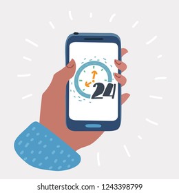 Vector illustration Mobile phone in human hand using smartphone. 24 hour service on display. Object on white background.