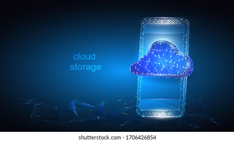 Vector illustration of a mobile phone with an image of a virtual cloud data storage. Science, futuristic, web, network concept, communications, high technology. EPS 10