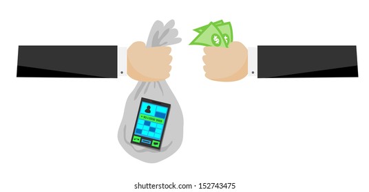 Ilustración vectorial de un teléfono móvil dentro de un bolso entregado a otra mano con dinero.