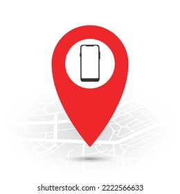 Vector illustration of Mobile Phone location. Simple icon in red color on White background.