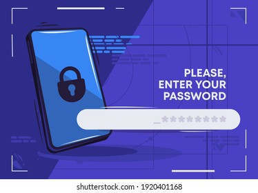 Vector illustration of a mobile phone with a lock, please enter the password, enter the password field