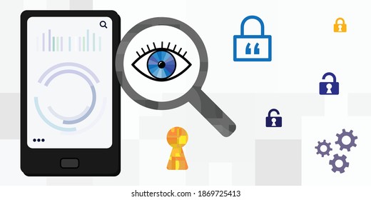 vector illustration of mobile phone magnifier and eye for new apps reviews or hidden options reveal