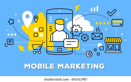 Vector illustration of mobile phone with man avatar and icons. Mobile marketing concept on blue background with title. Thin line art flat style design for web, site, banner, business presentation