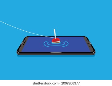 Vector illustration of a mobile phone, on the screen of which there is a floating fishing buoy.