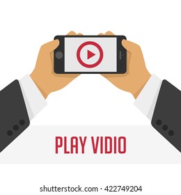 Vector illustration of a mobile phone with the play button in the hands of man.