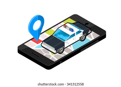 A vector illustration of a mobile phone with police station location.
Isometric illustration vector mobile phone Police Map.
Mobile device with emergency service Law Enforcement navigation.