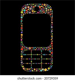 Vector illustration of mobile phone shape made up a lot of  multicolored small flowers on the black background