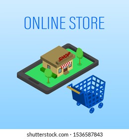 Vector illustration. Mobile phone with shopping basket with bags and boxes. Banking credit card. Concept for online shopping. Isometric, 3D.