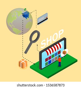Vector illustration. Mobile phone with shopping basket with bags and boxes. Banking credit card. Concept for online shopping. Isometric, 3D.