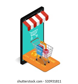 Vector illustration. Mobile phone with shopping basket with bags and boxes. Banking credit card. Concept for online shopping. Isometric, 3D.