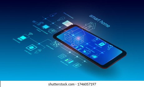 Vector illustration of a mobile phone with smart home system elements. Science, futuristic, web, network concept, communications, high technology. EPS 10.