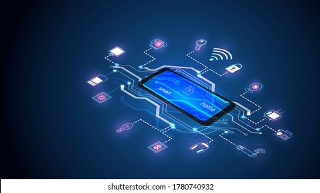 Vector illustration of a mobile phone with smart home system elements. Science, futuristic, web, network concept, communications, high technology. EPS 10.