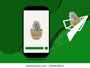 
Vector illustration of mobile phone or smart phone with potted succulent plant on its screen and succulent plant flying on a paper plane next to the phone, all on green colorful background in 3D. 