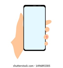Vector illustration of a mobile phone or smartphone in a hand with a blue clean screen. Isolated illustration on a white background.