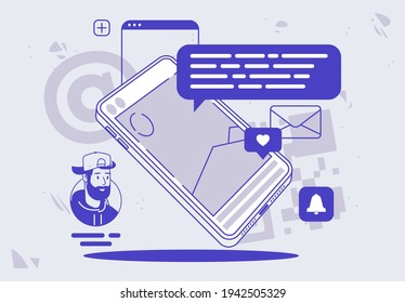 Vector illustration of a mobile phone, smartphone, with social media design elements, message cloud, notification icons, linear design