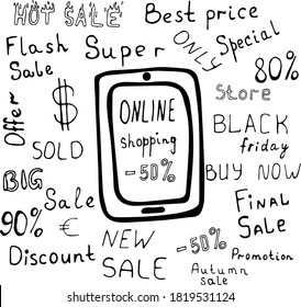 Ilustración vectorial de un teléfono móvil con espacio para texto en el estilo Doodle. Palabras sobre el tema de ventas, comercio, compras, ventas. Se puede usar para tejidos, textiles, papel, tapiz, libros.