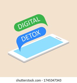 Vector illustration of a mobile phone with speech bubbles digital detoxification. The concept of time for a digital detox.