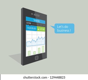 Vector illustration of a mobile phone with stock market business diagrams on the display, saying Let's do business !
