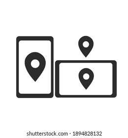 ilustración vectorial de teléfono móvil y tablet que muestra el icono de ubicación, diseño minimalista en blanco y negro plano
