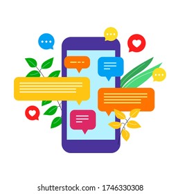 Vector illustration of a mobile phone with text messaging on screen. Chats. Instant messengers. Social networks. Bubbles. Messages Like. A heart. Icons. Plants. Web design. Usability. Interface. Flat.