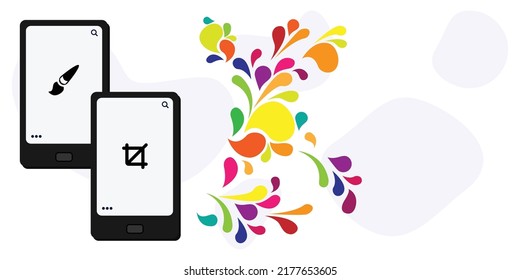 ilustración vectorial del teléfono móvil utilizado como herramienta creativa con diseño gráfico de remolinos coloridos