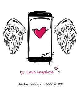 Vector illustration of a mobile phone, wings and heart. Design greeting card on Valentine's Day.