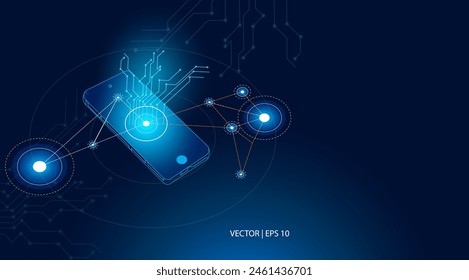 Ilustración vectorial. Los teléfonos móviles muestran tecnología moderna, gráficos de conexión y transferencia de datos. Abstractas bajo poli moderno fondo de tecnología