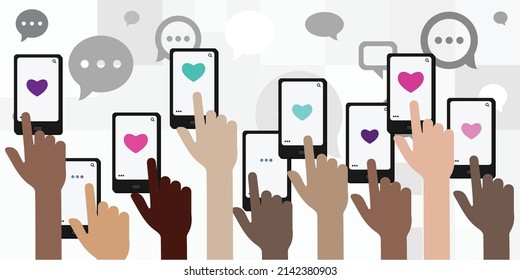 vector illustration of mobile phones and hearts for dating apps experience and usage