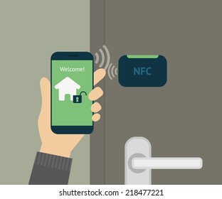 Vector Illustration Of Mobile Remote Unlocking Home Door Via Smartphone. Human Hand Holds Smartphone With App To Remote Access And Lock His Smart House. Flat Security Concept For Smart Home Lock Door