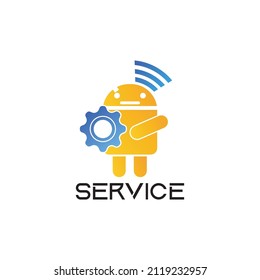 Vector Illustration Of A Mobile Service Company Logo. Mobile Service Repairman Logo. Android Phone Service Logo.