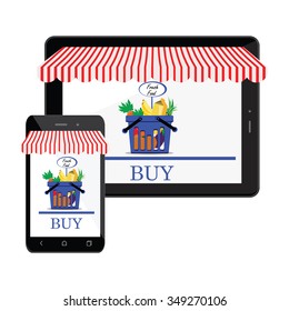 Vector illustration mobile shopping icon flat design. Mobile shopping app on smartphone and tablet with shopping basket, shop awning and buy button. 