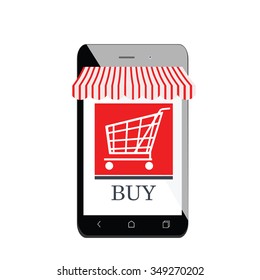 Vector illustration mobile shopping icon flat design. Mobile shopping app on smartphone with shopping cart, shop awning and buy button. 
