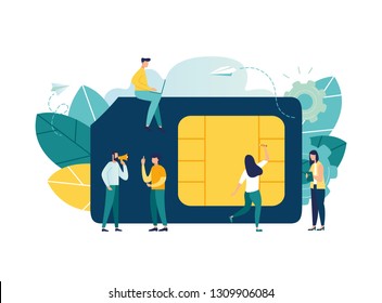 Vector illustration, mobile sim card, microcircuit, mobile phone communication scheme