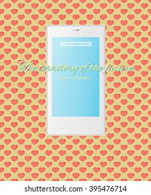 Vector illustration of a mobile smartphone, white, for filling records. Phone on seamless background with hearts.