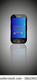 Vector illustration of Mobile Technology trends and online shopping through mobile application with cart symbol