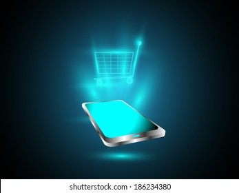 Vector illustration of Mobile Technology trends and online shopping through mobile application with cart symbol