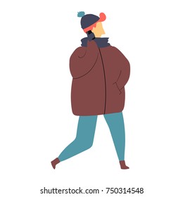 Vector illustration of mobile telephone speaking man in winter clothes