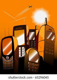 vector illustration of mobile telephones city at sunset